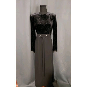 Vintage David Warren Formal Black Velvet Top Lace Waist Belted Maxi Dress Sz 12